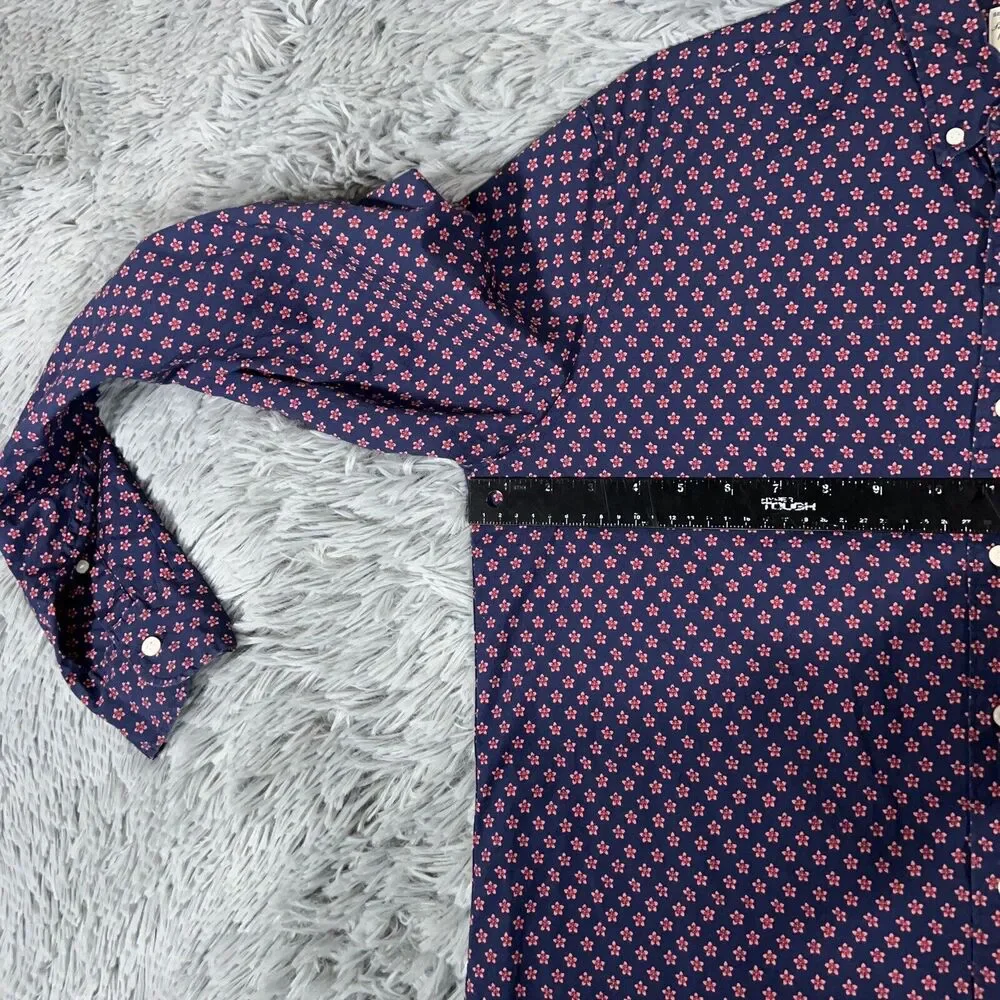 J Crew Adult Shirt Large Tall Blue Red Button Up Floral Stretch Classic Mens